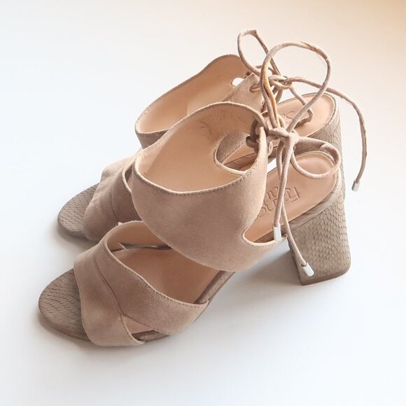 Franco Sarto Taupe Suede Strappy Round Open Toe Block Heels / Sandals / Shoes - Picture 12 of 16